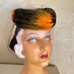 DEBONAIR 1930s' TILT HAT COVERED BY MULTICOLORED FEATHERS + BACK STRAP + VEIL